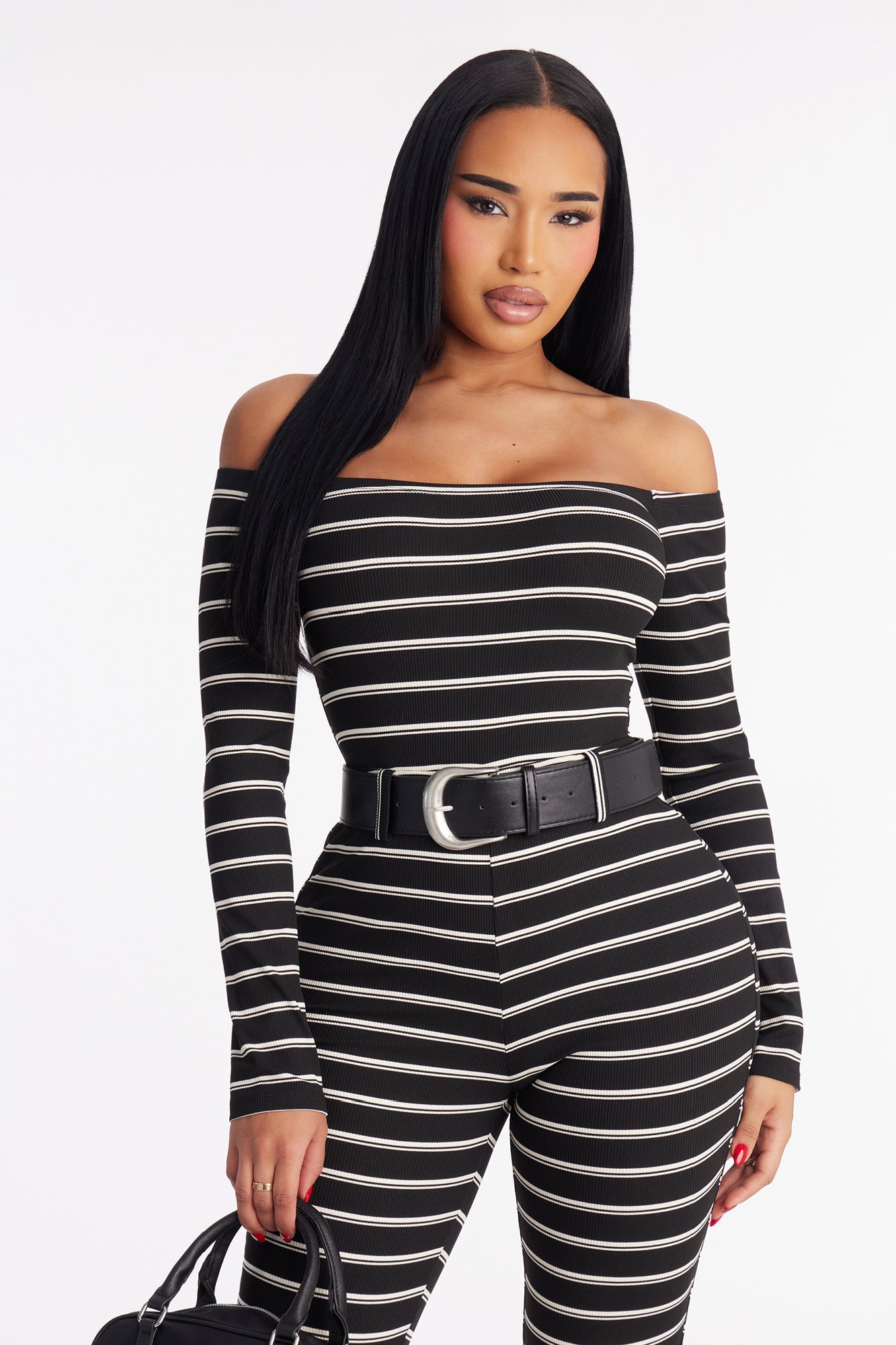 Jayna Striped Moment Belted Catsuit - Black/White