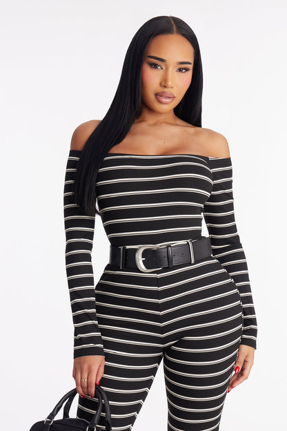 Jayna Striped Moment Belted Catsuit - Black/White