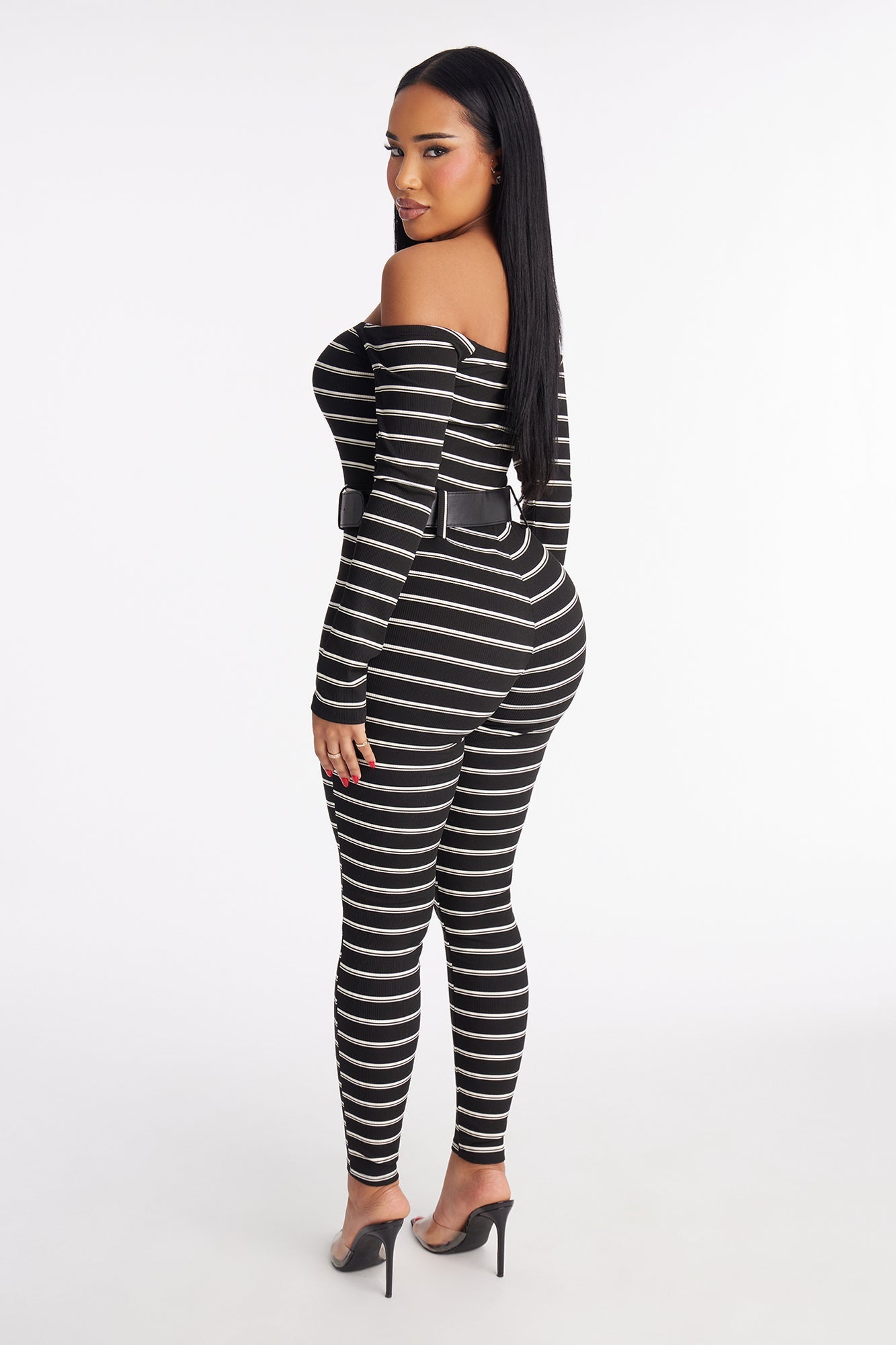 Jayna Striped Moment Belted Catsuit - Black/White