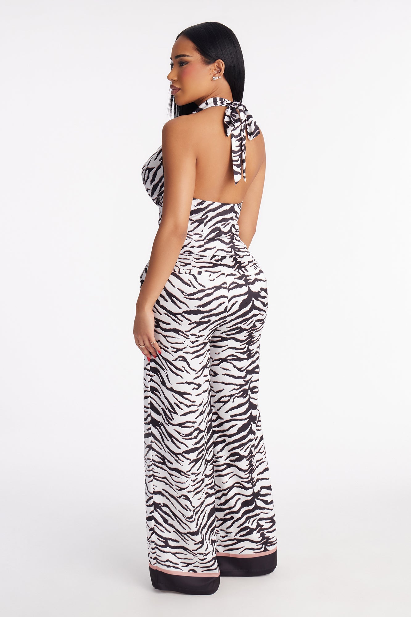 Date Night Satin Zebra Halter Pant Set - White/Black