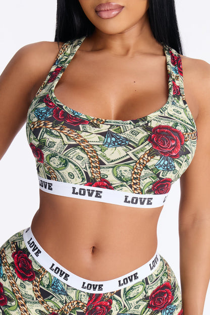 Money And Romance 2 Piece Bra And Short Set - Green/combo