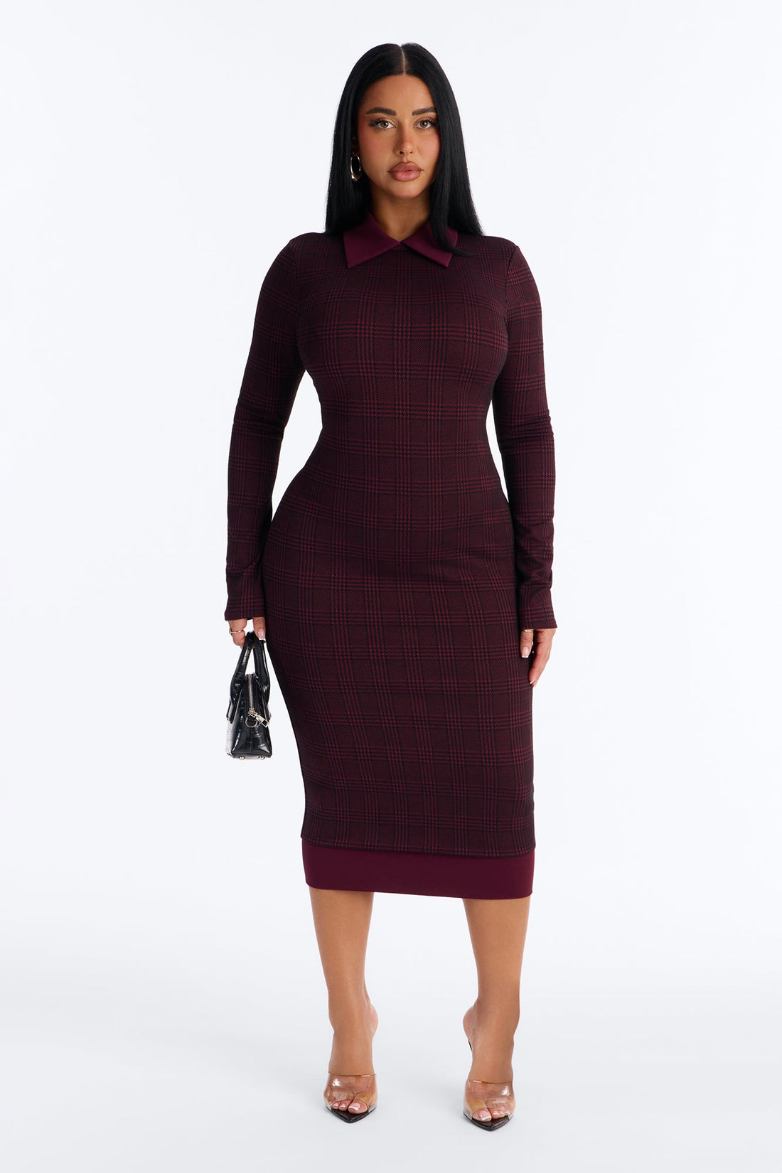 Tori Collar Houndstooth Midi Dress - Burgundy