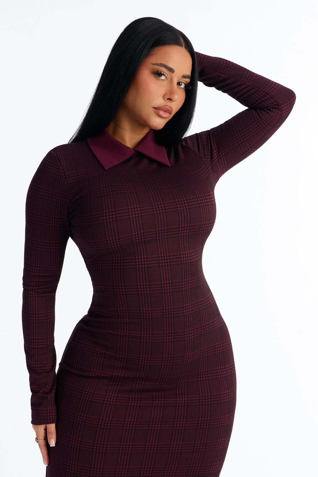 Tori Collar Houndstooth Midi Dress - Burgundy