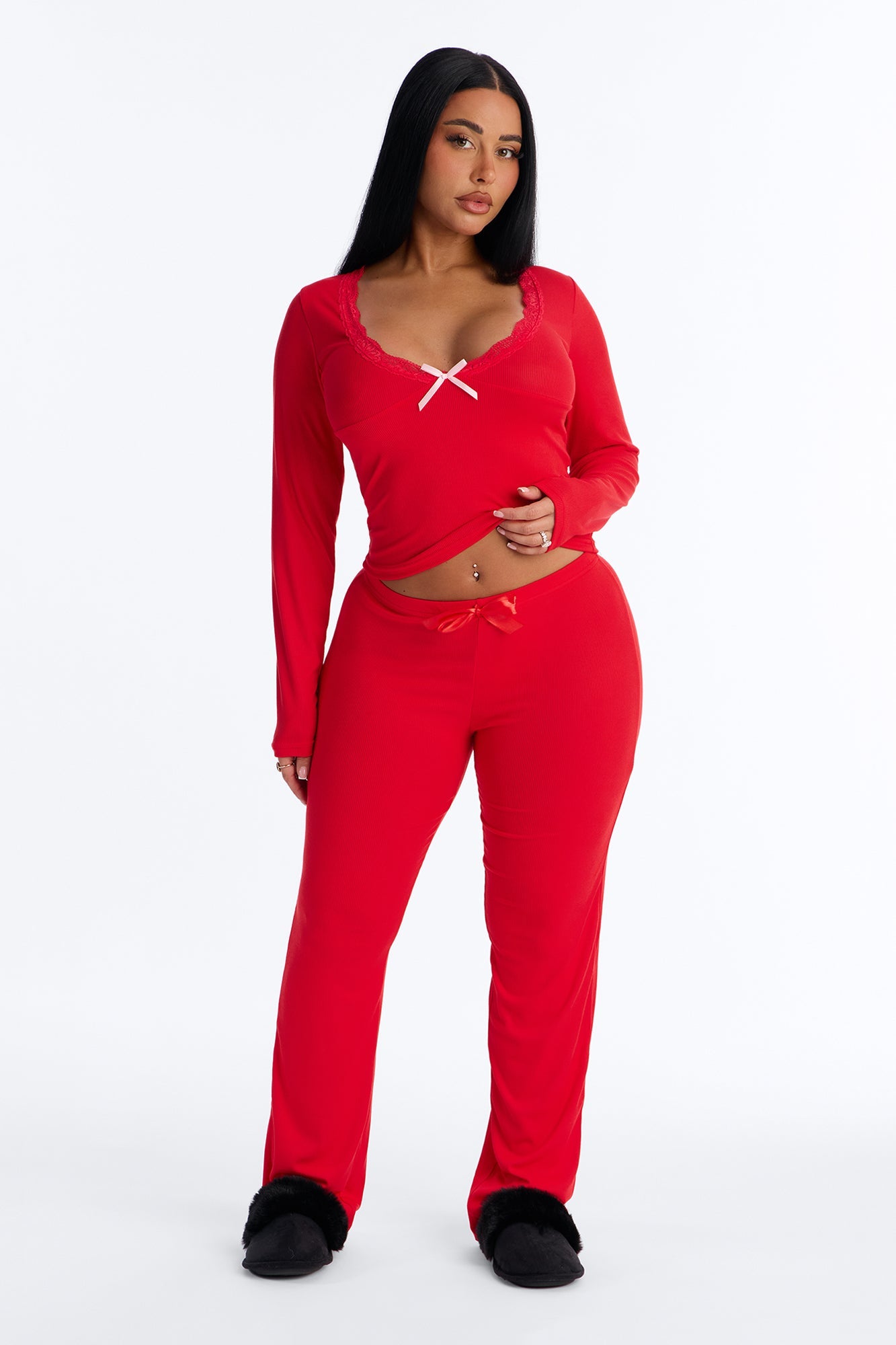 Thinking Of You Ribbed Long Sleeve PJ Pant Set - Red