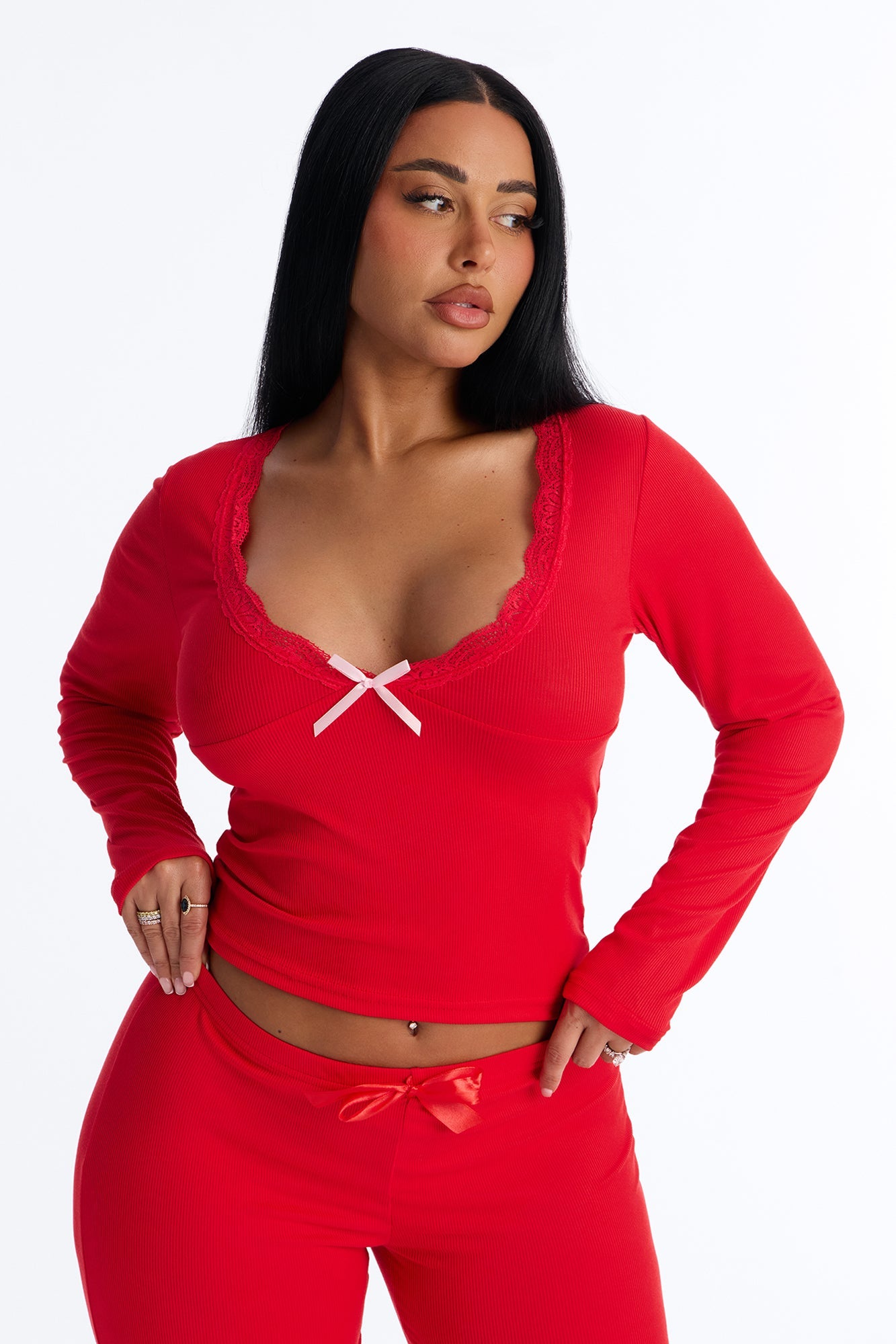 Thinking Of You Ribbed Long Sleeve PJ Pant Set - Red