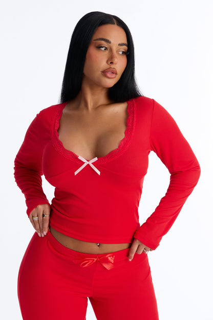 Thinking Of You Ribbed Long Sleeve PJ Pant Set - Red