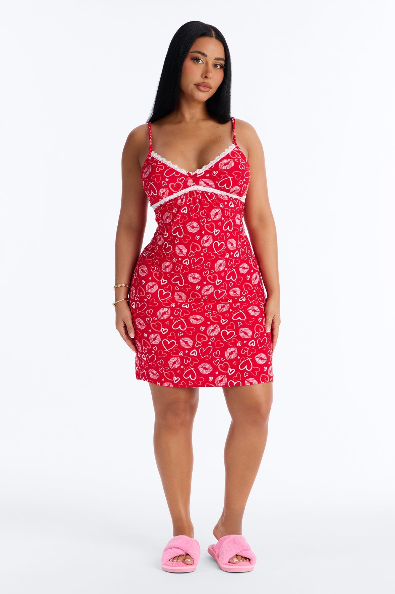 More Kisses Cami PJ Sleep Dress - Red/combo