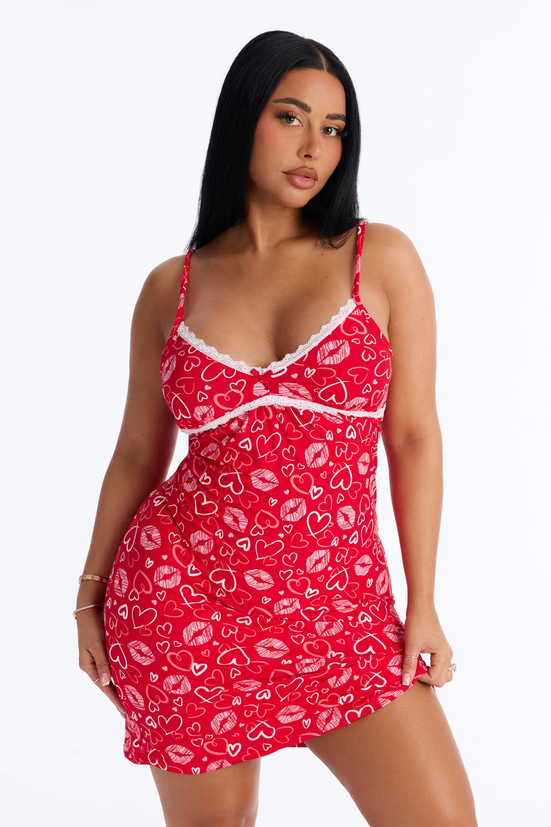 More Kisses Cami PJ Sleep Dress - Red/combo