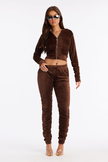 Soft Girl Energy Ruched Velour Jogger Set - Brown