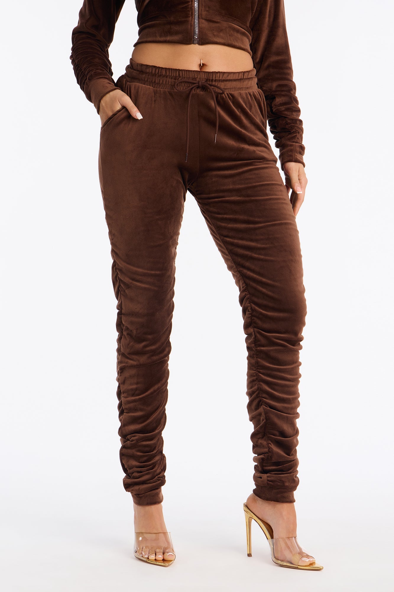 Soft Girl Energy Ruched Velour Jogger Set - Brown