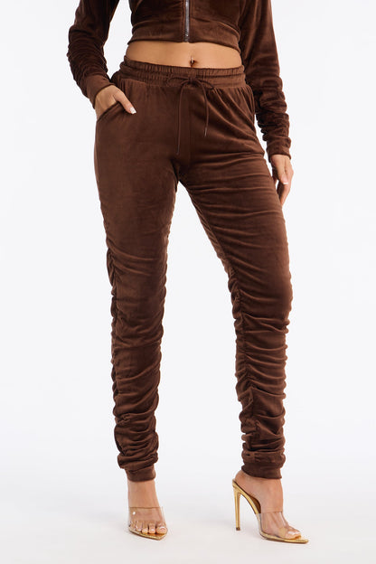 Soft Girl Energy Ruched Velour Jogger Set - Brown