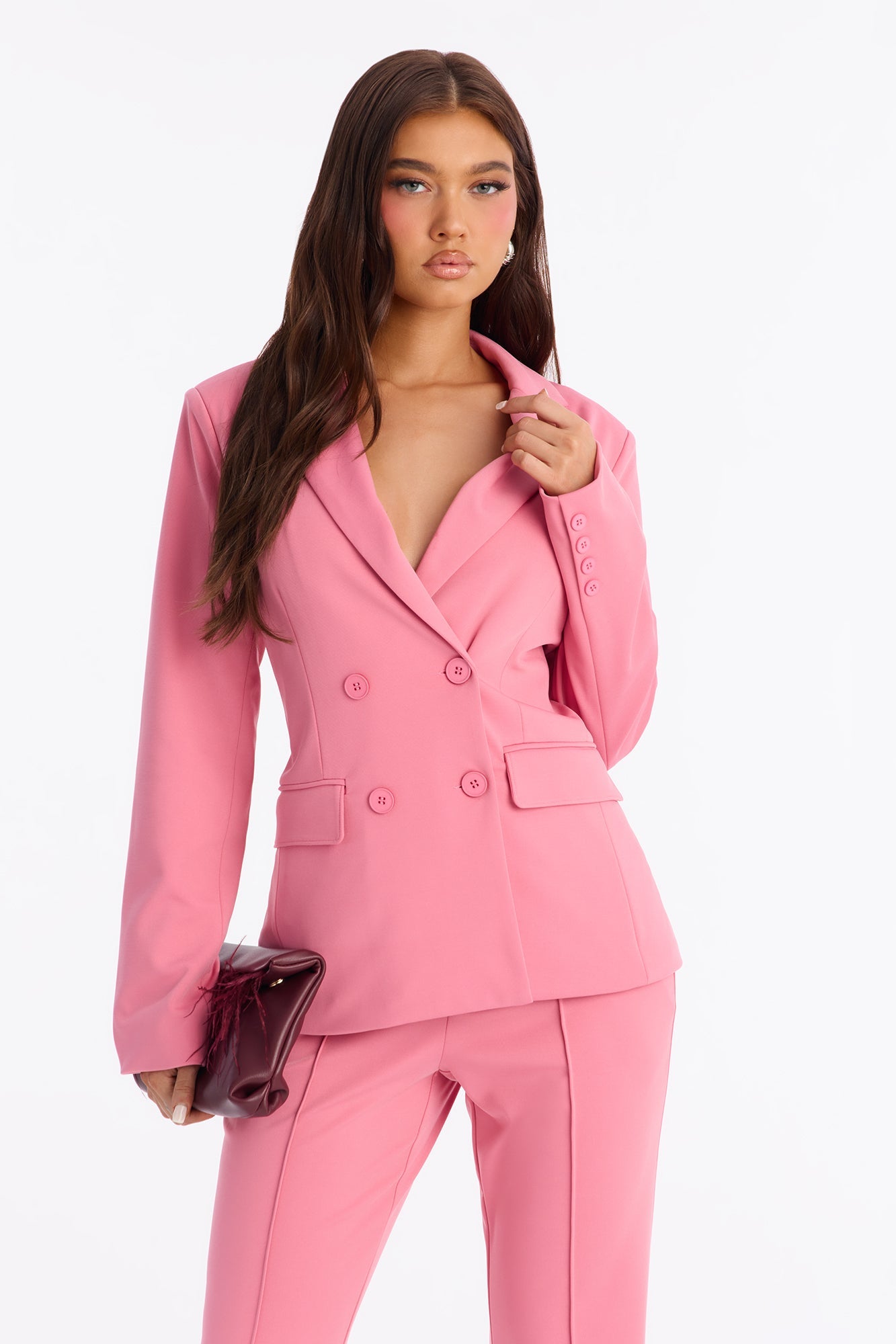 Business Per Usual Double Breasted Blazer Pant Set - Pink