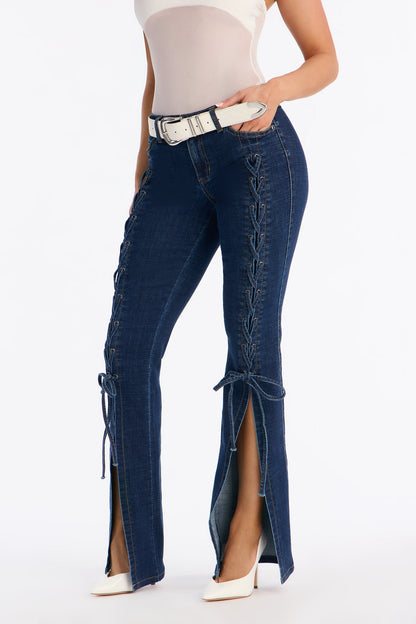 Lucky Girl Lace Up Flare Jeans - Dark Wash