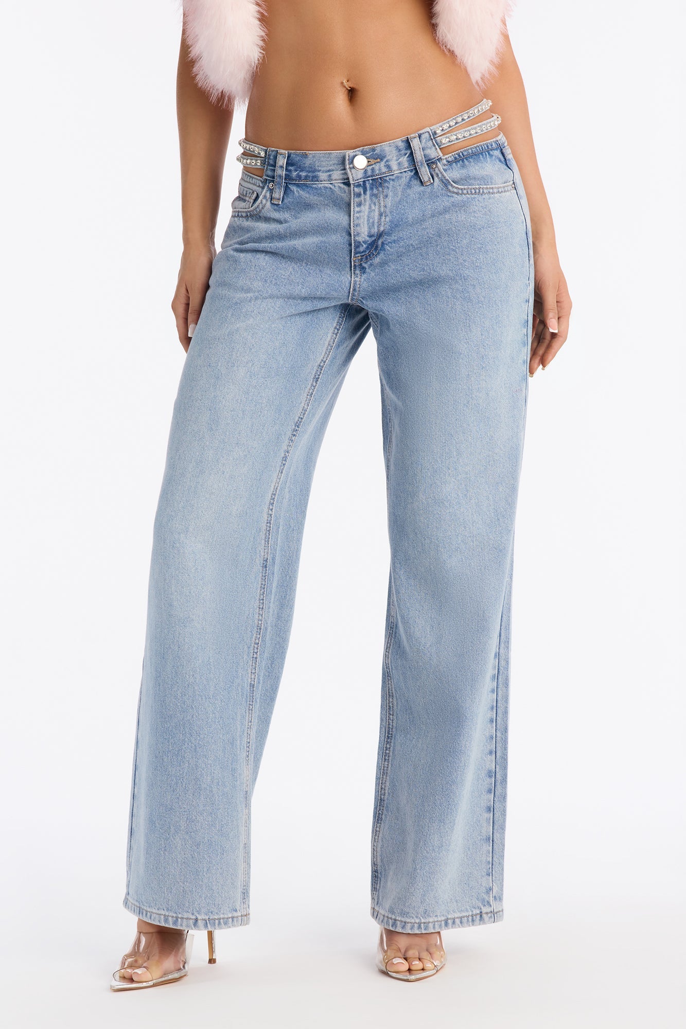 Glam Girl Embellished Wide Leg Jeans - Light Wash
