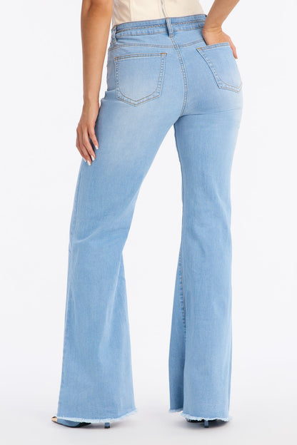 Stole My Heart Belted Soft Stretch Wide Leg Jeans - Light Wash