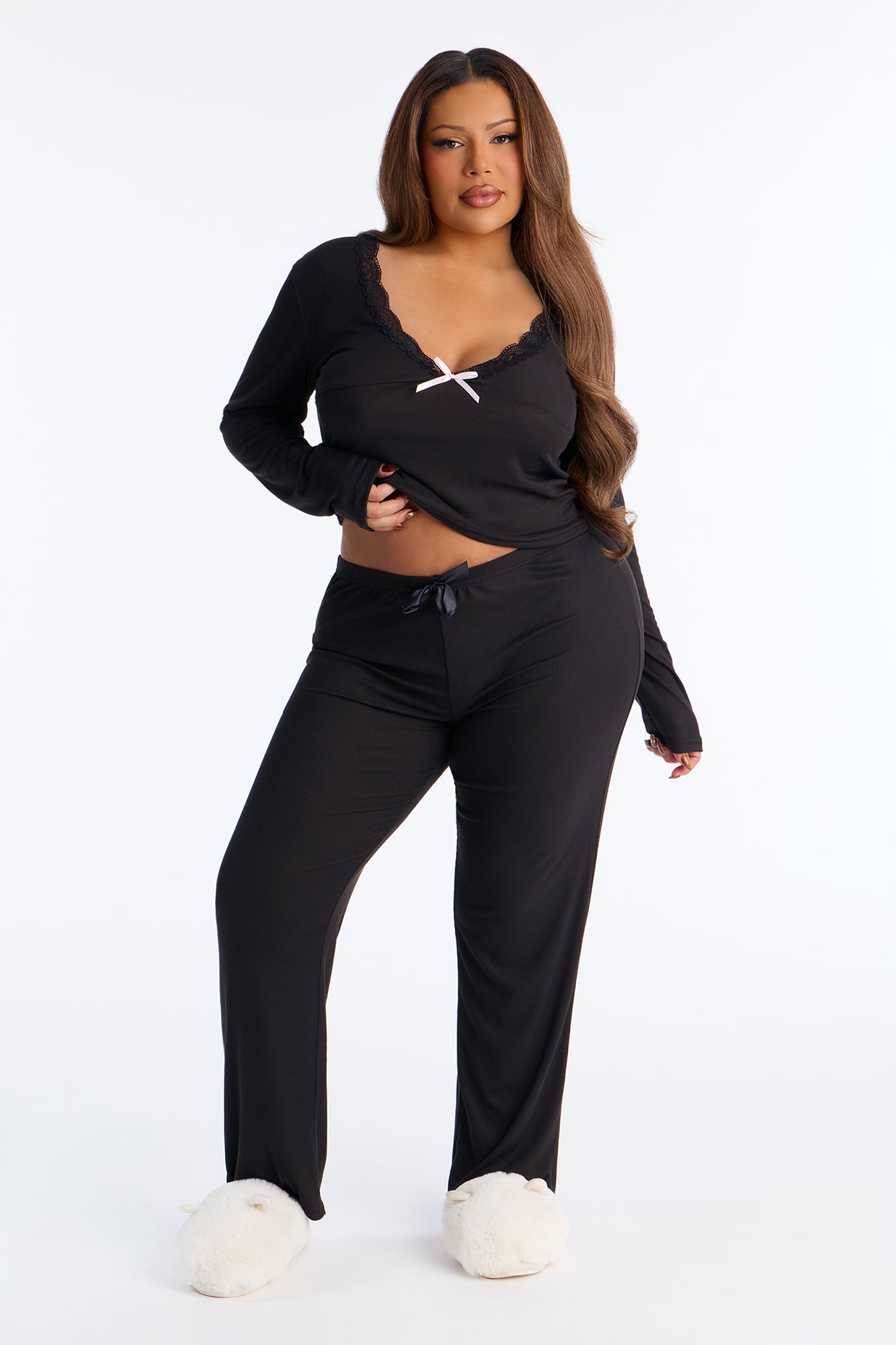 Thinking Of You Ribbed Long Sleeve PJ Pant Set - Black
