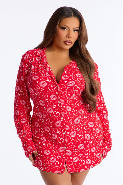 More Kisses Long Sleeve PJ Sleep Shirt - Red/combo