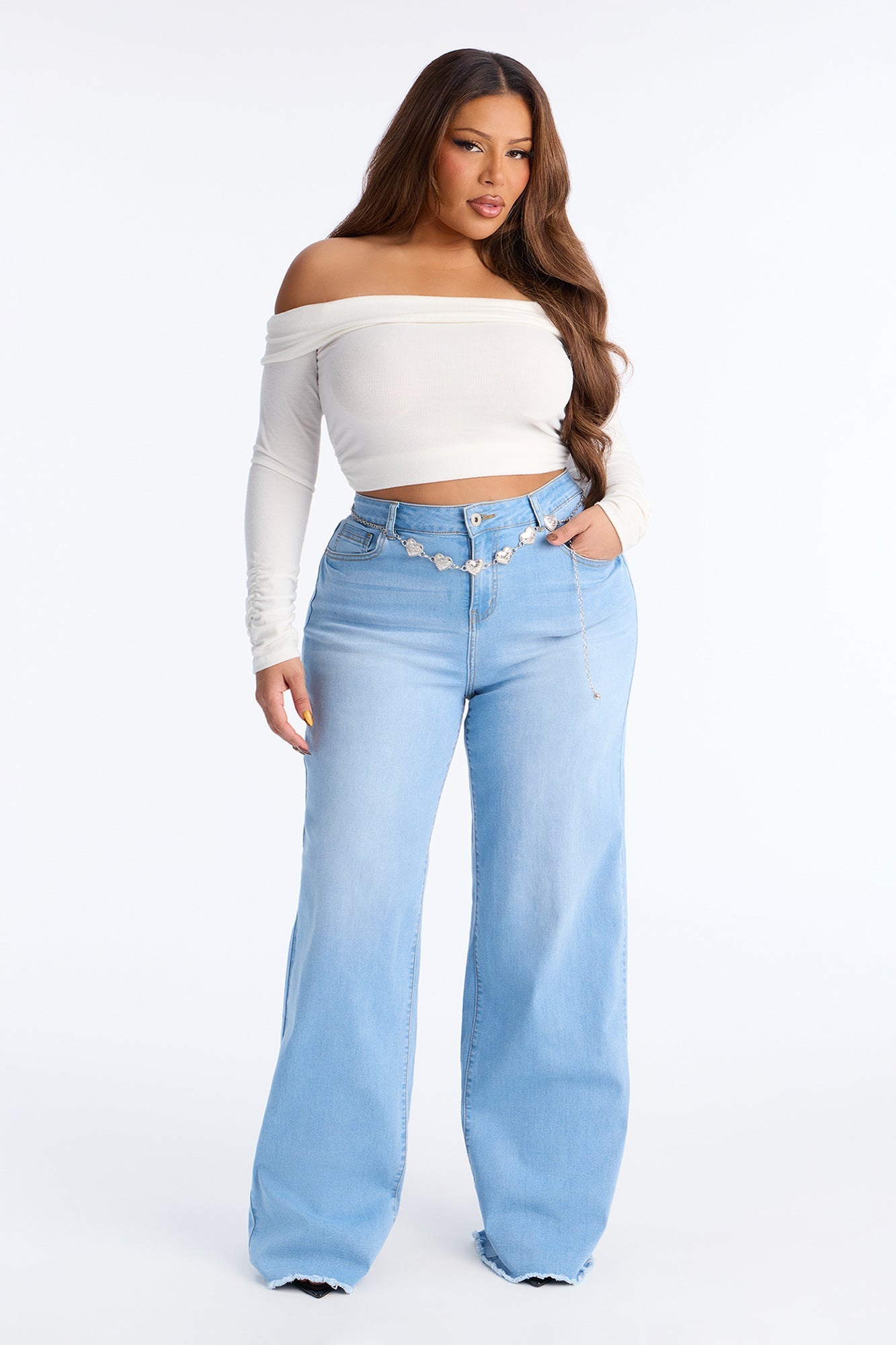 Stole My Heart Belted Soft Stretch Wide Leg Jeans - Light Wash