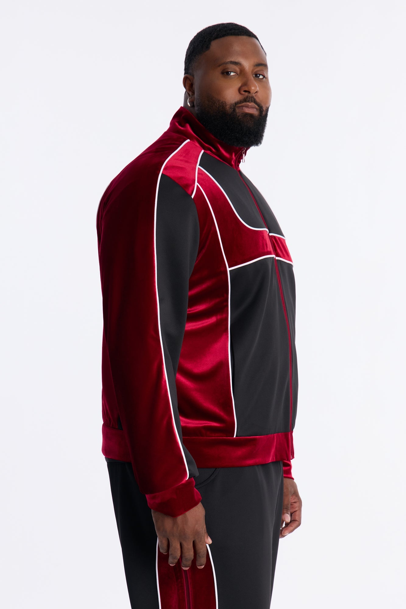 Relaxed Lexington Funnel Neck Velour Track Jacket - Burgundy