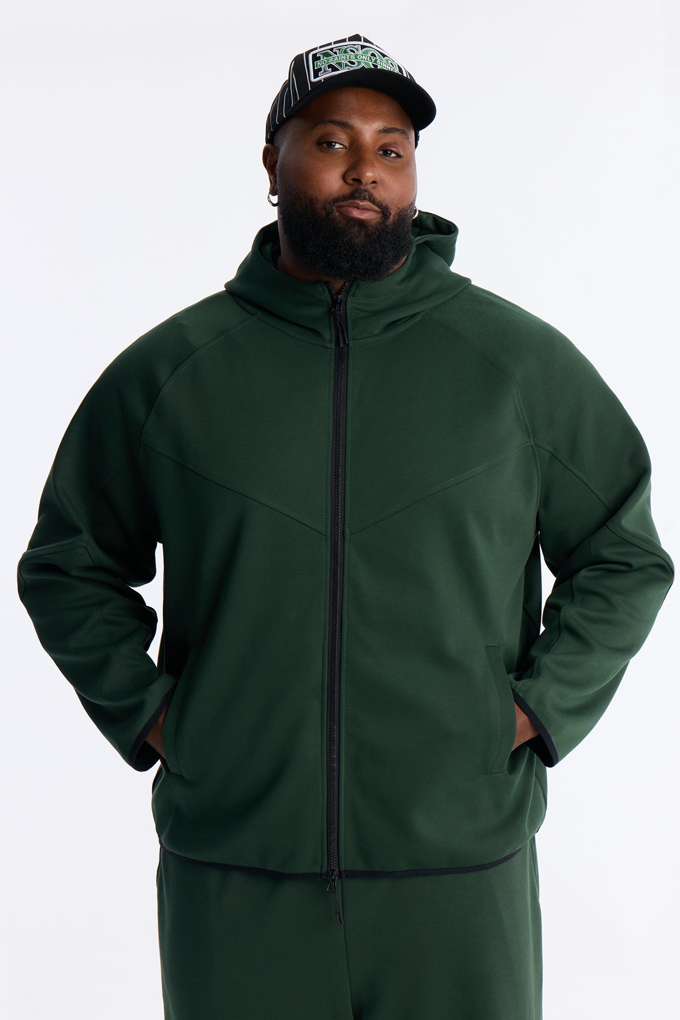 Structured Paneled Fleece Zip Up Hoodie - Green