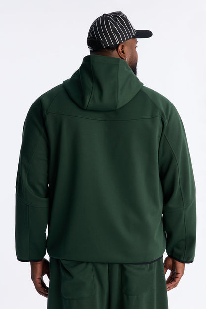 Structured Paneled Fleece Zip Up Hoodie - Green