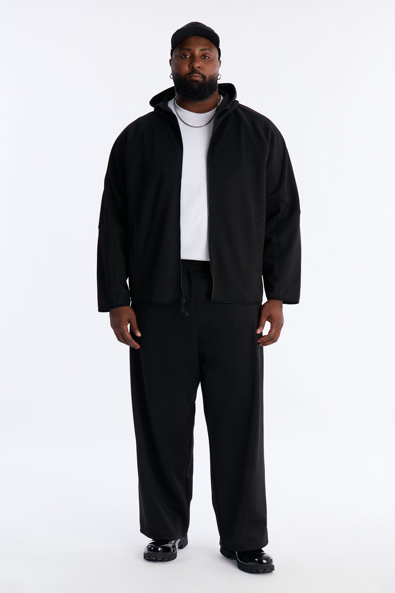 Structured Paneled Fleece Zip Up Hoodie  - Black
