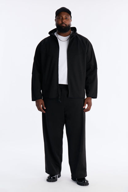 Structured Paneled Fleece Zip Up Hoodie  - Black