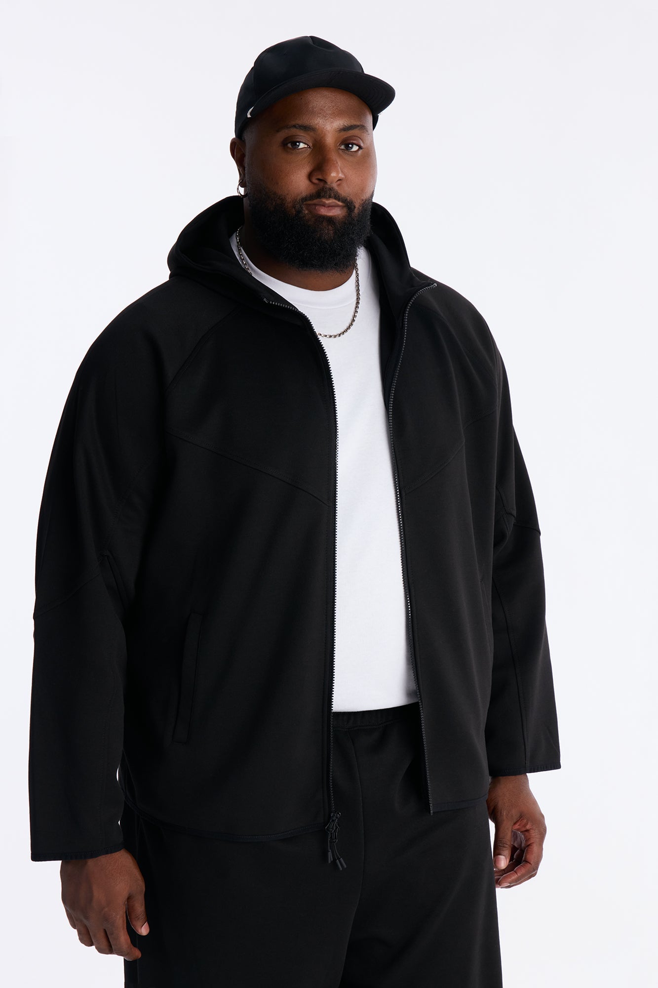 Structured Paneled Fleece Zip Up Hoodie  - Black