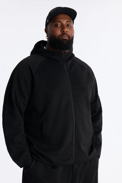 Structured Paneled Fleece Zip Up Hoodie  - Black