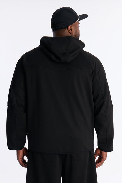 Structured Paneled Fleece Zip Up Hoodie  - Black