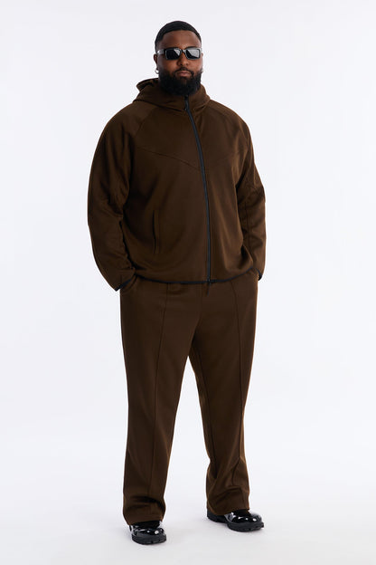 Structured Paneled Fleece Zip Up Hoodie - Chocolate