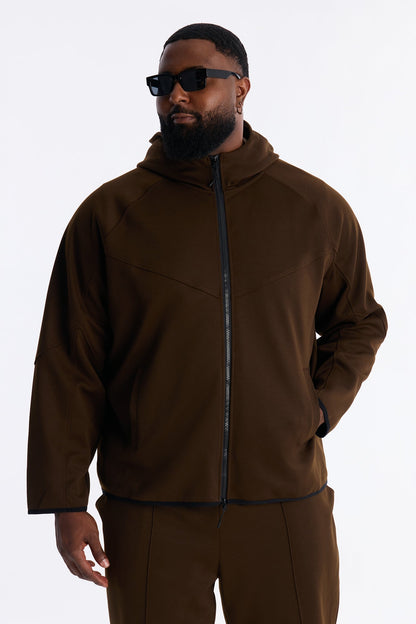 Structured Paneled Fleece Zip Up Hoodie - Chocolate