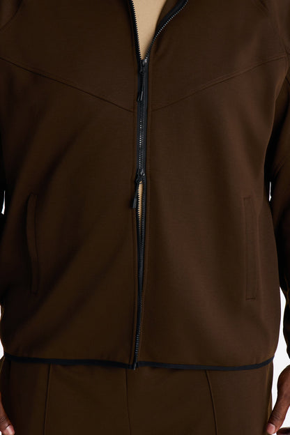 Structured Paneled Fleece Zip Up Hoodie - Chocolate