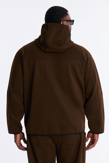 Structured Paneled Fleece Zip Up Hoodie - Chocolate