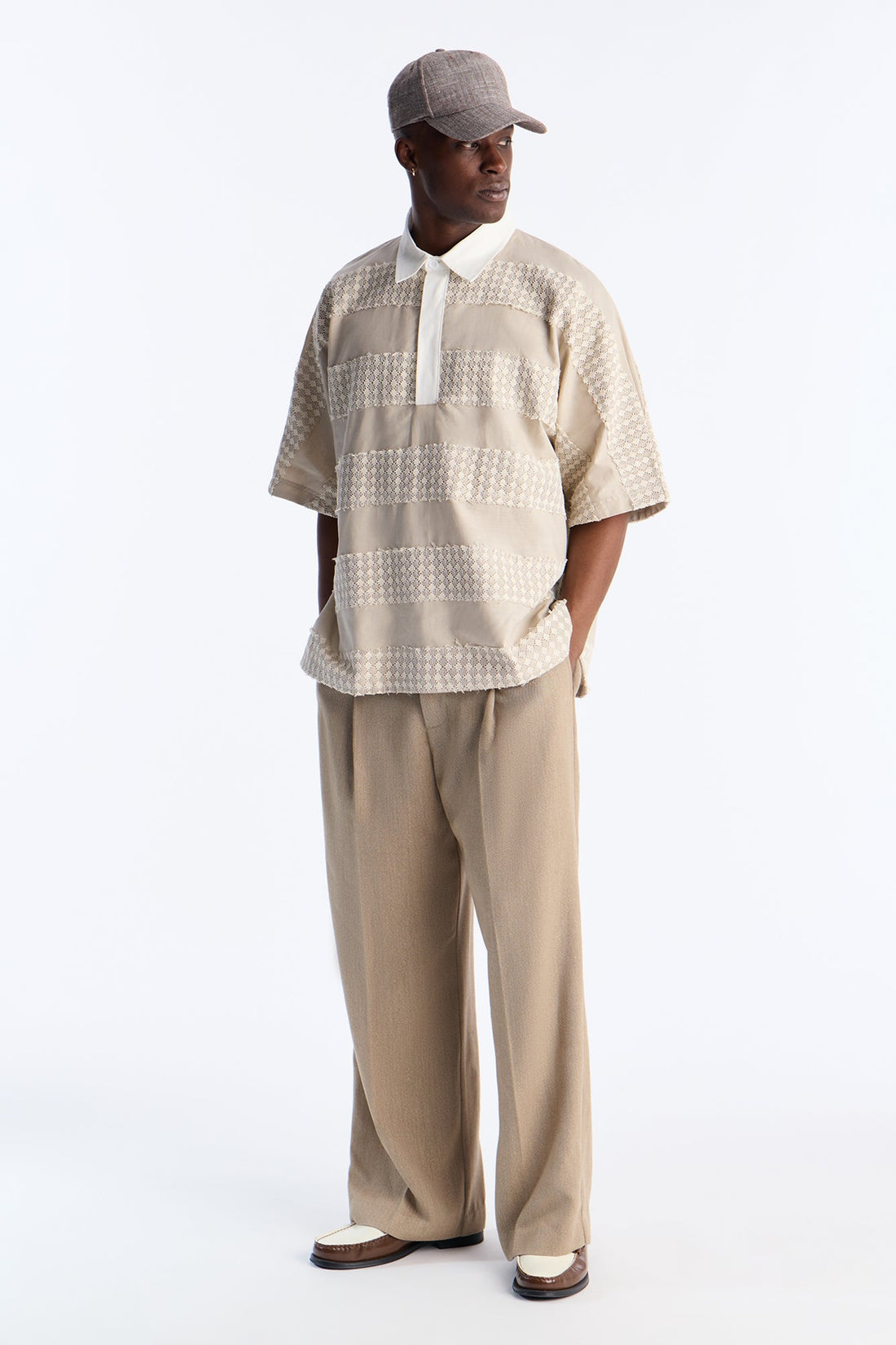 Oversized Net Motion Crochet Polo Shirt - Tan