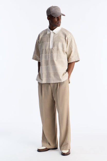 Oversized Net Motion Crochet Polo Shirt - Tan