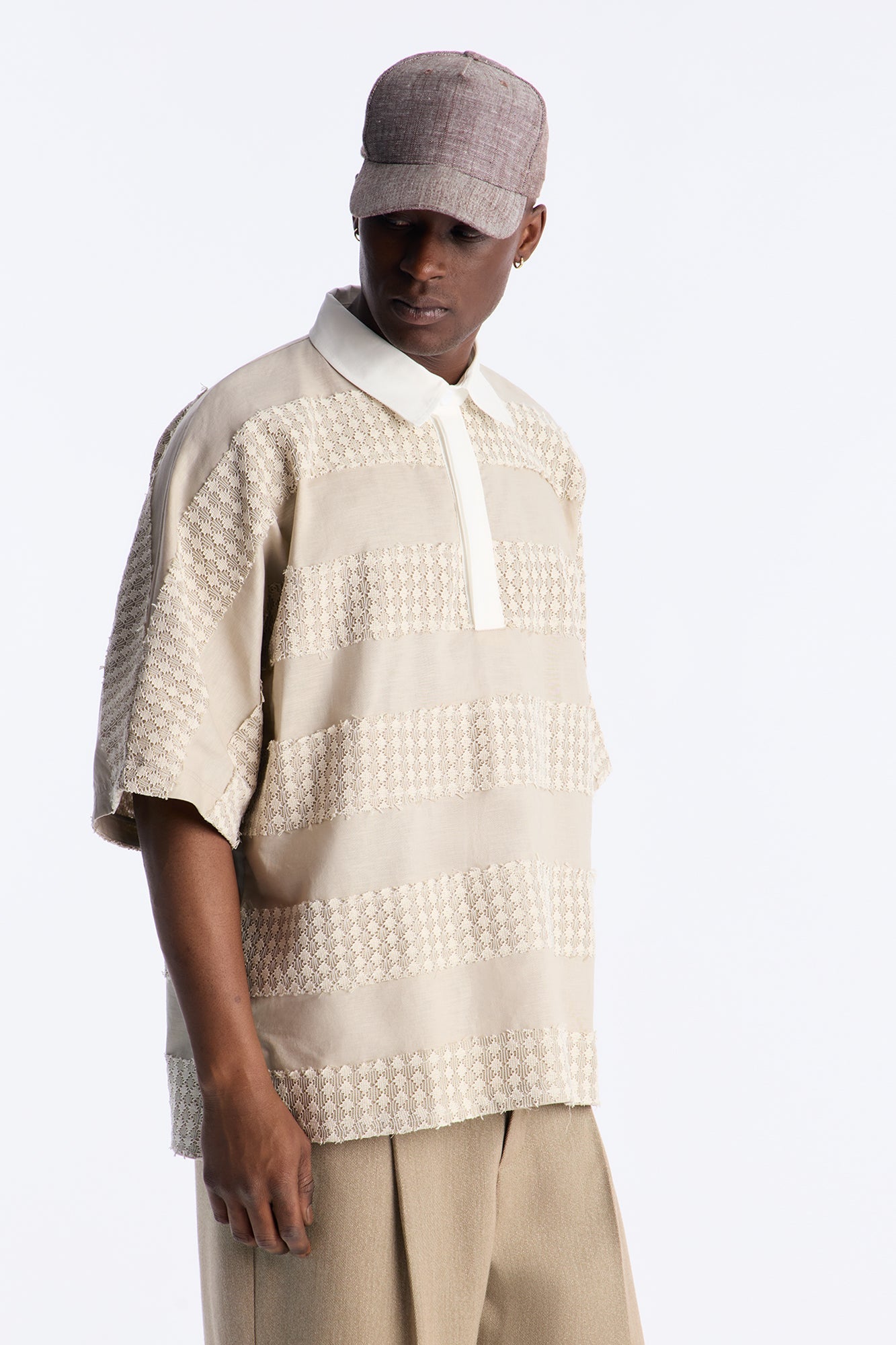 Oversized Net Motion Crochet Polo Shirt - Tan