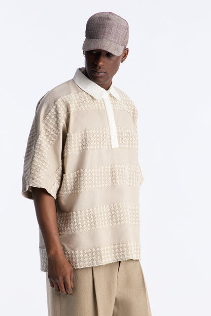 Oversized Net Motion Crochet Polo Shirt - Tan