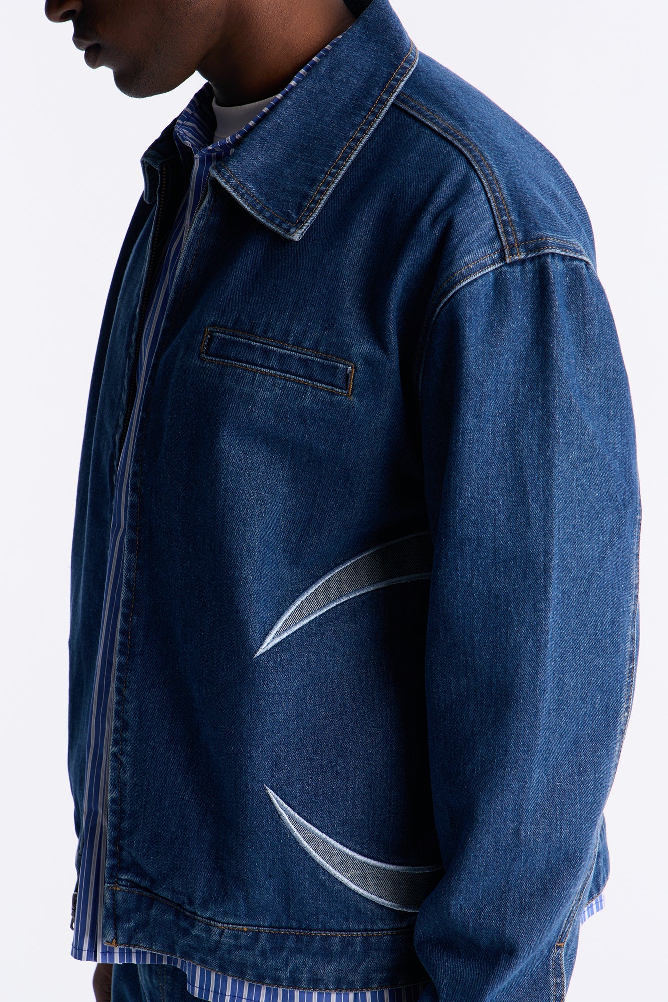Cropped Crescent Denim Work Jacket - Medium Blue Wash