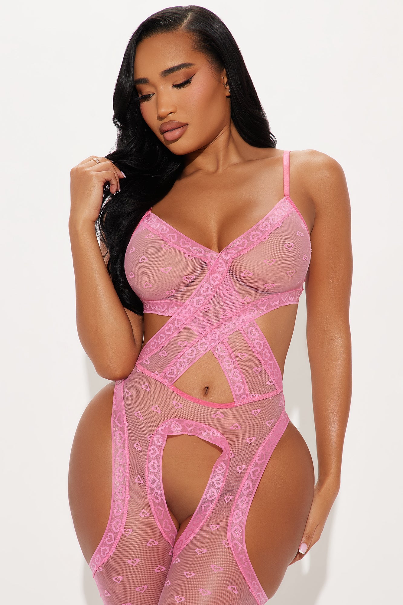 Cassie Heart Crotchless Bodystocking - Pink
