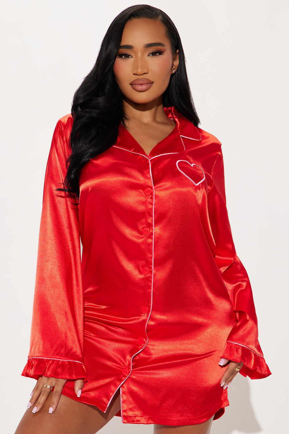Crushing On You Satin PJ Sleep Shirt - Red