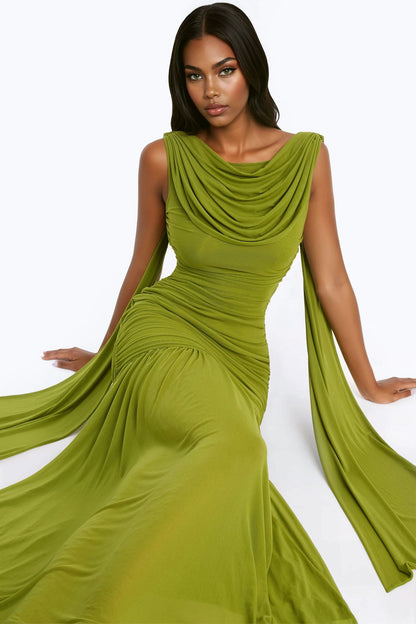 Elowen Ruched Draped Gown - Green