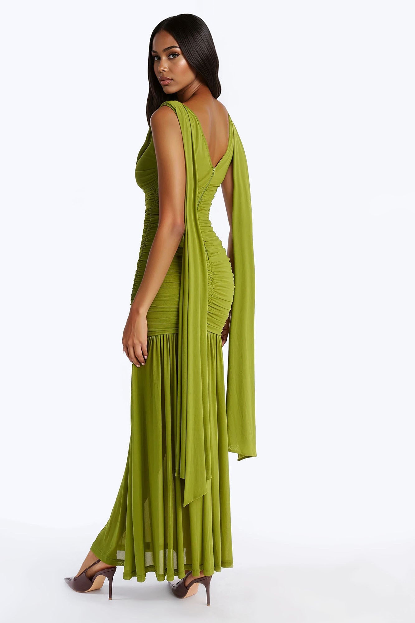 Elowen Ruched Draped Gown - Green