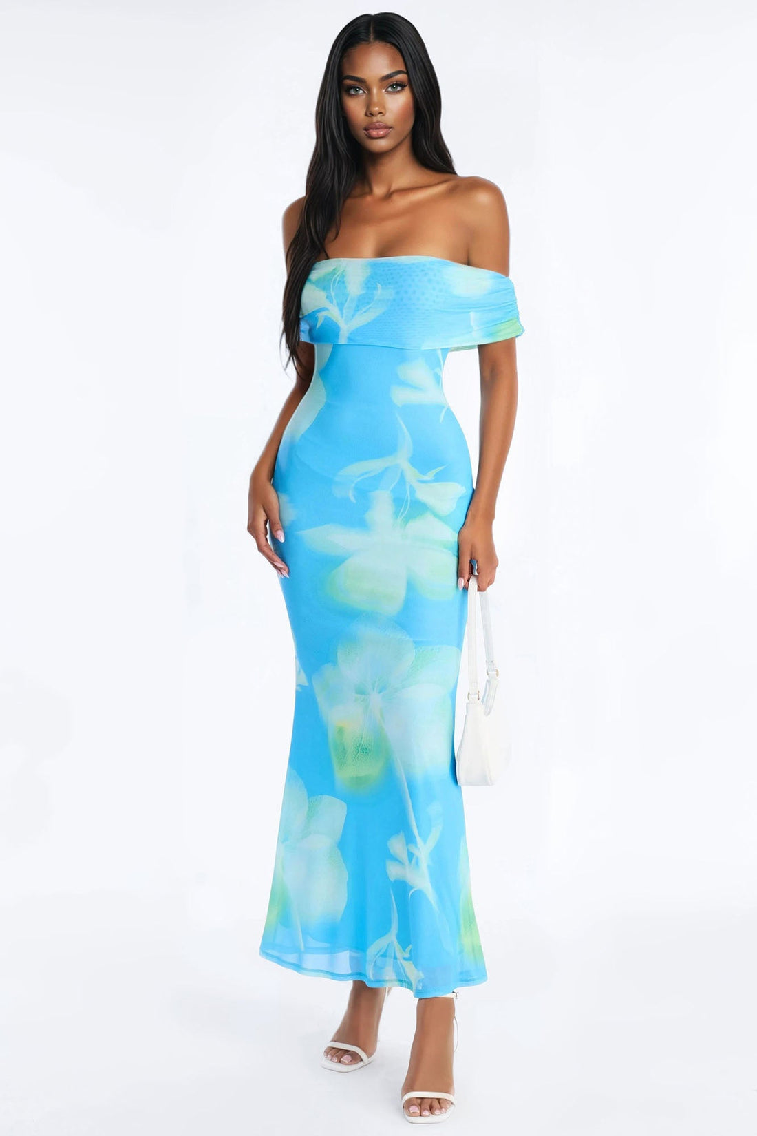 Emilee Off Shoulder Mesh Maxi Dress - Blue/combo
