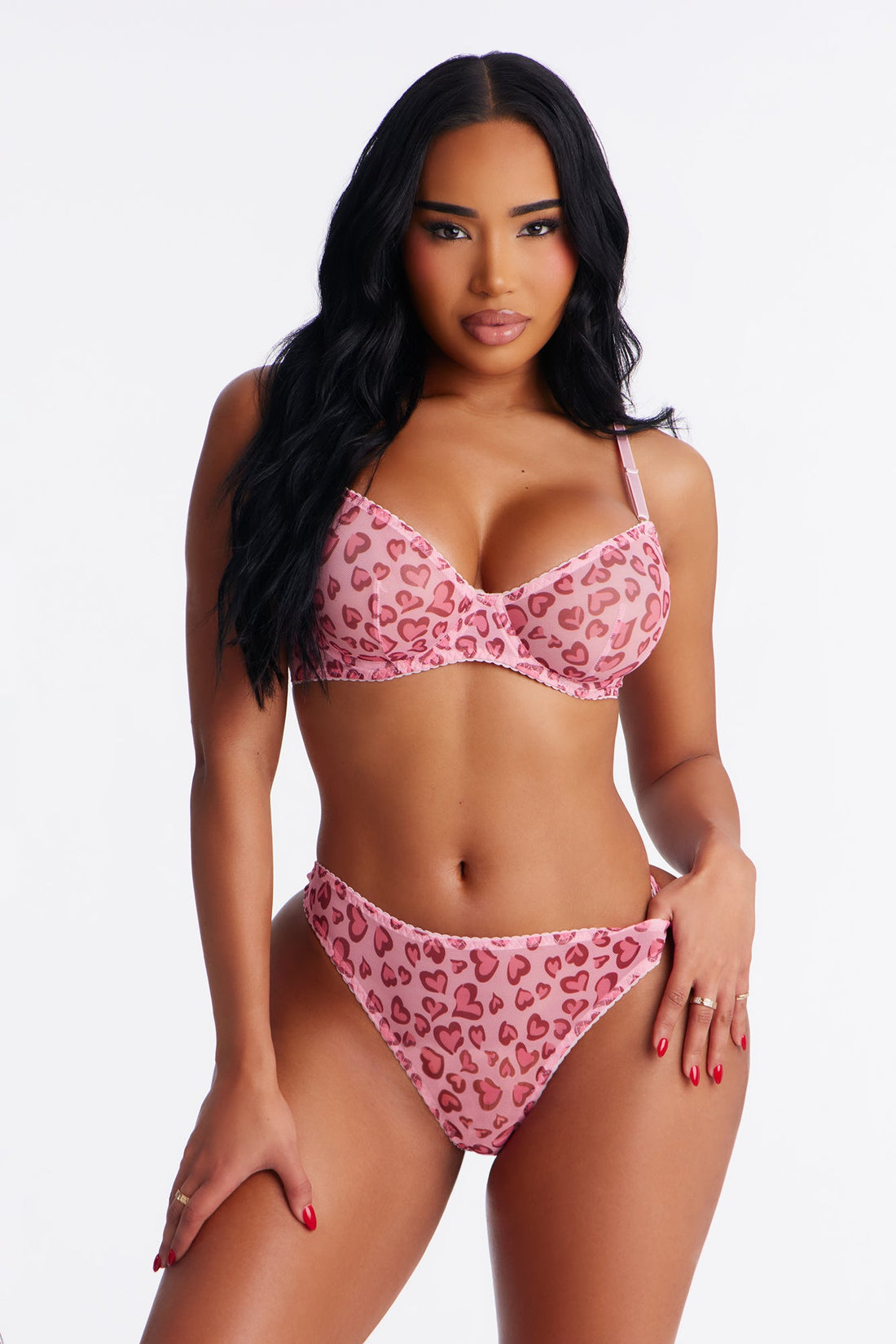 Janie 2 Piece Leopard Heart Mesh Bra and Panty Set - Pink/combo