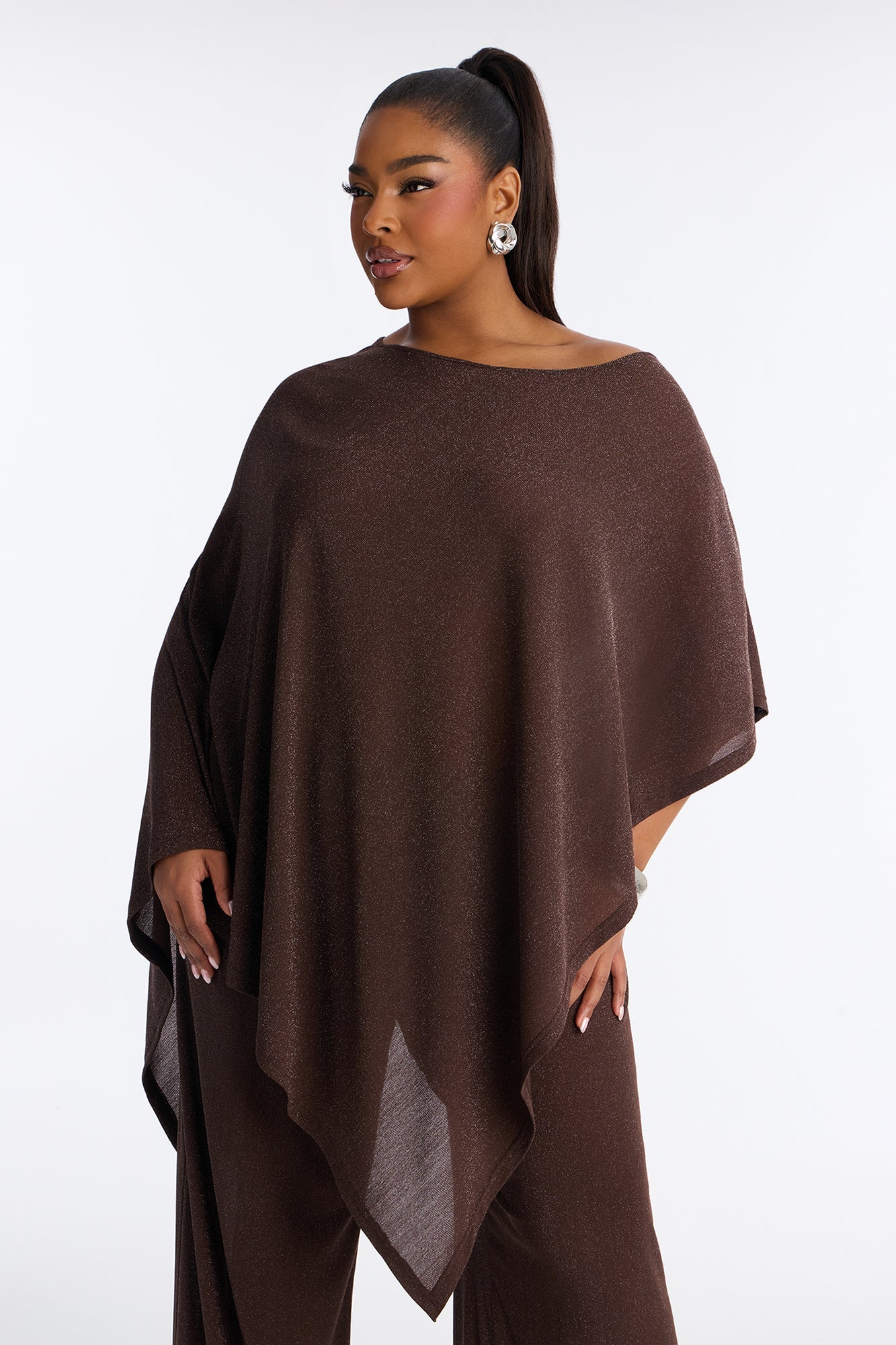 Yareli Metallic Mesh Cape Pant Set - Chocolate