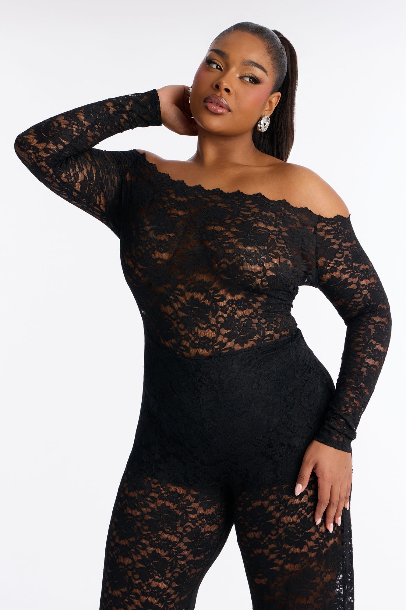 All Things Lace Off Shoulder Wide Leg Jumpsuit - Black