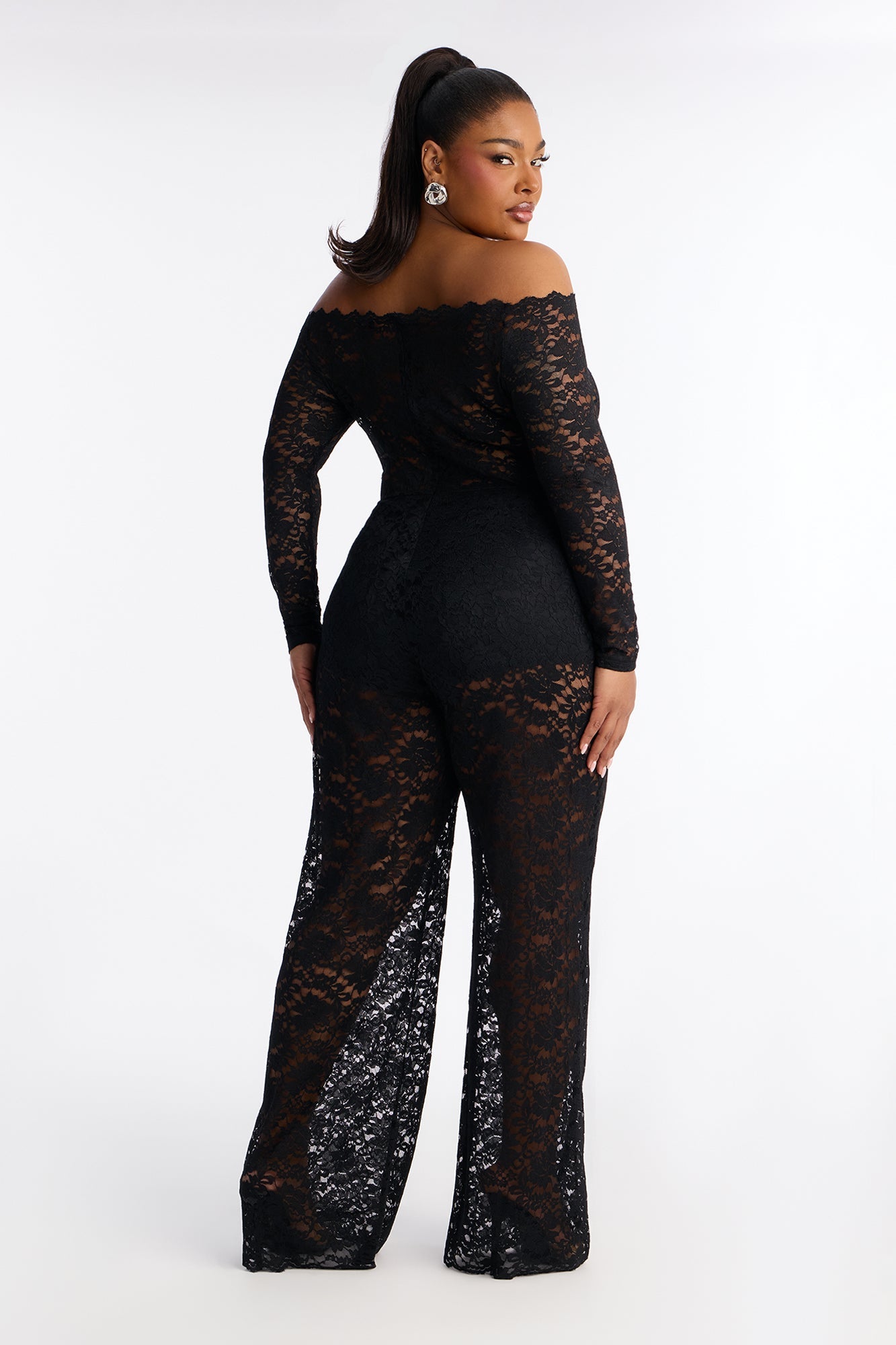All Things Lace Off Shoulder Wide Leg Jumpsuit - Black