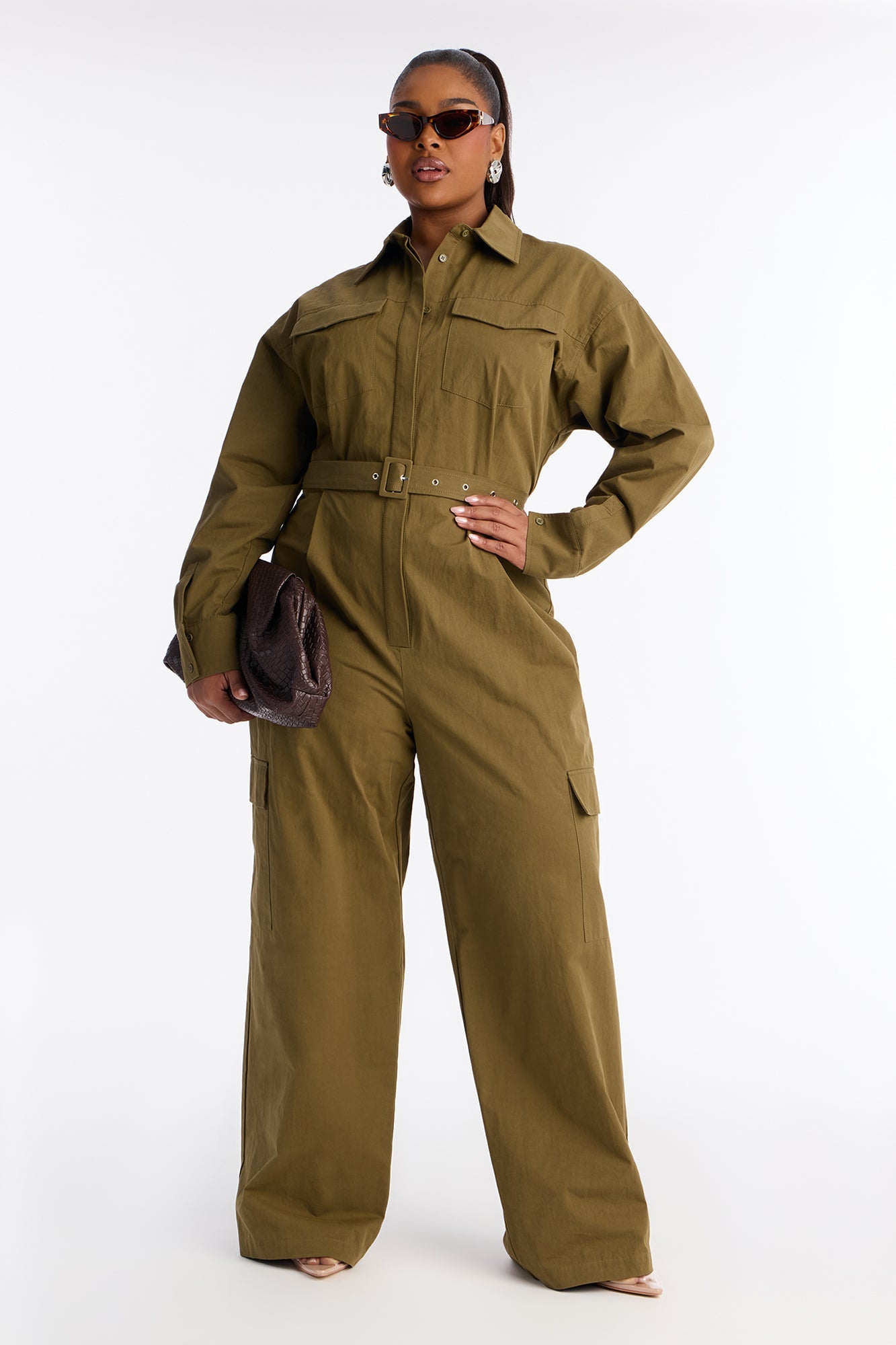 Streetwear Muse Utility Wide Leg Jumpsuit - Olive