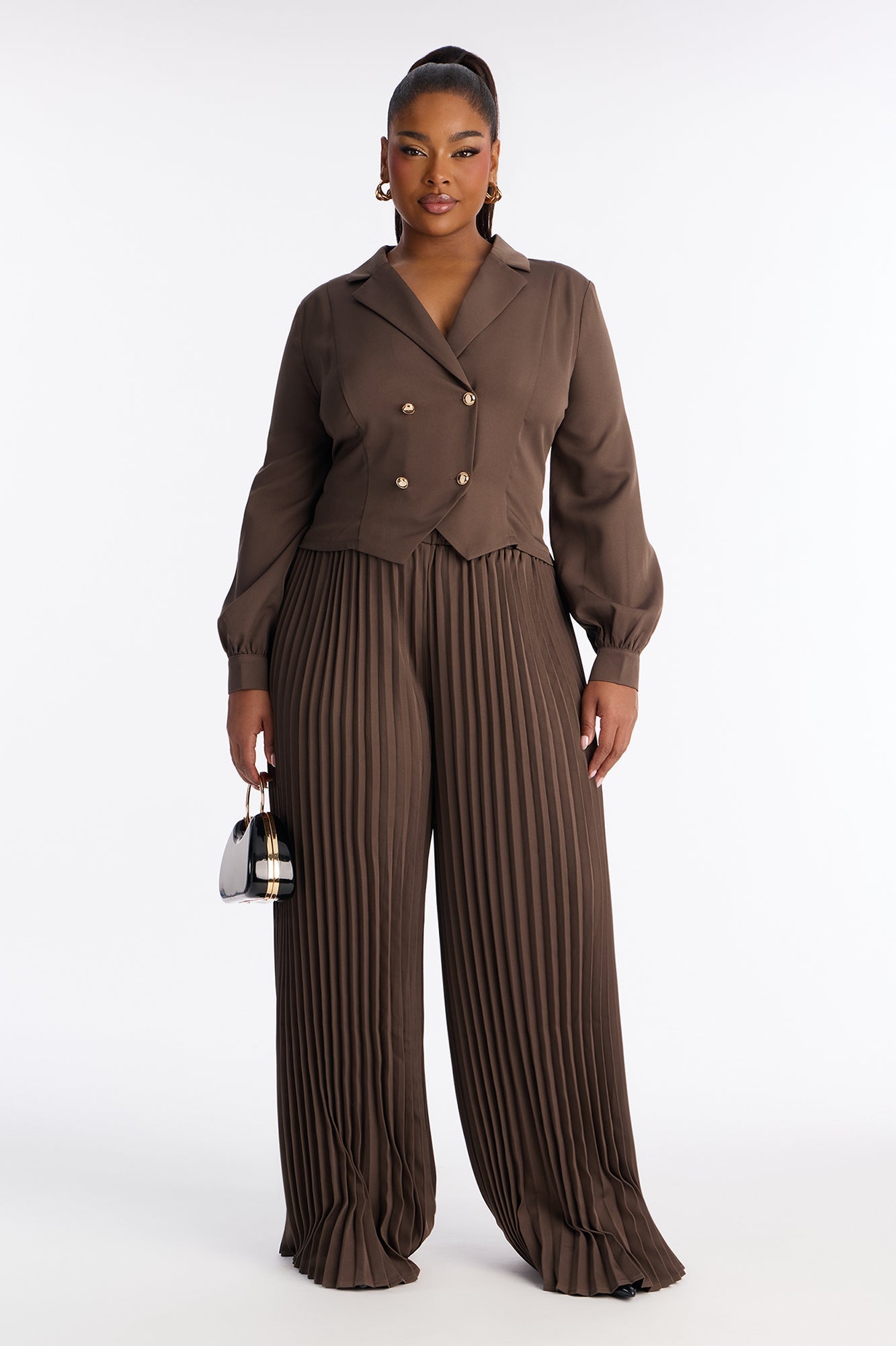 Office Ready Pleated Wide Leg Jumpsuit - Brown